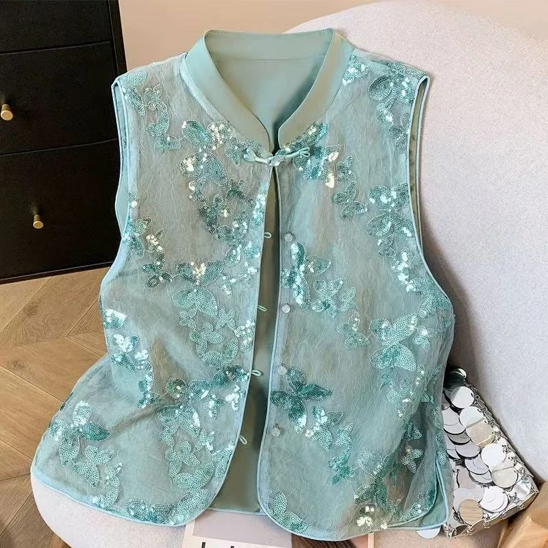 A1458  蓝蝴蝶 新中式国风刺绣亮片马甲夏季设计感无袖开衫