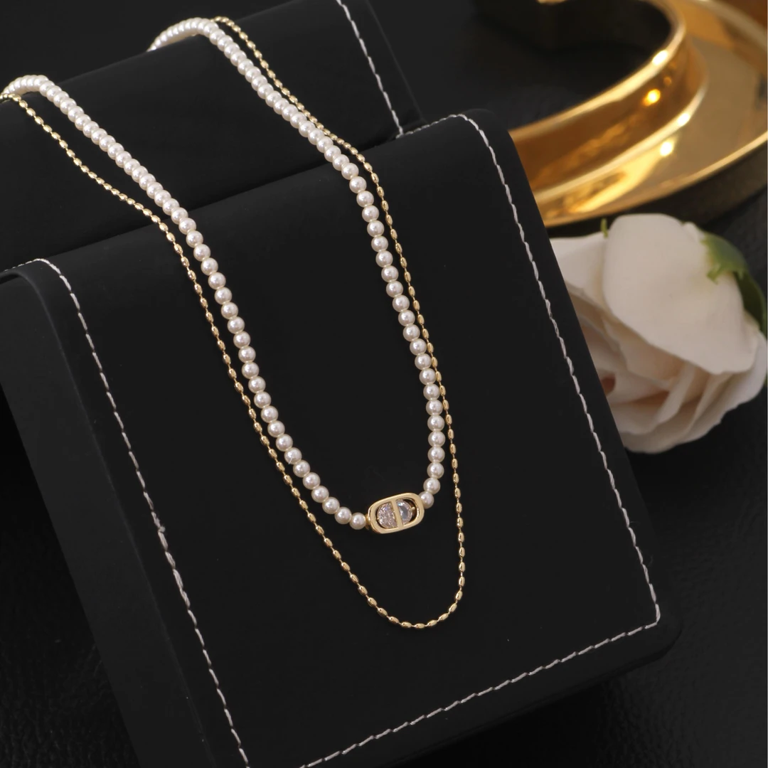 铜合金项链 《货号8914》猪鼻子金色双层项链（链长40+5）