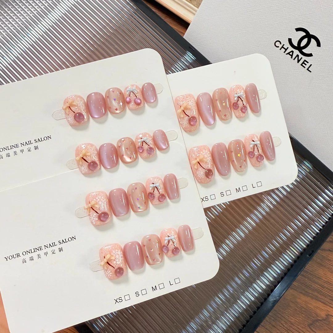 【甜心樱桃】原创粉色细闪猫眼美甲可爱樱桃甜美风爱心手工穿戴甲