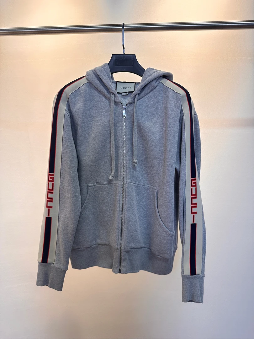 95新 GUCCI/古驰 【sm014184】灰色 条纹印花连帽卫衣外套 S码