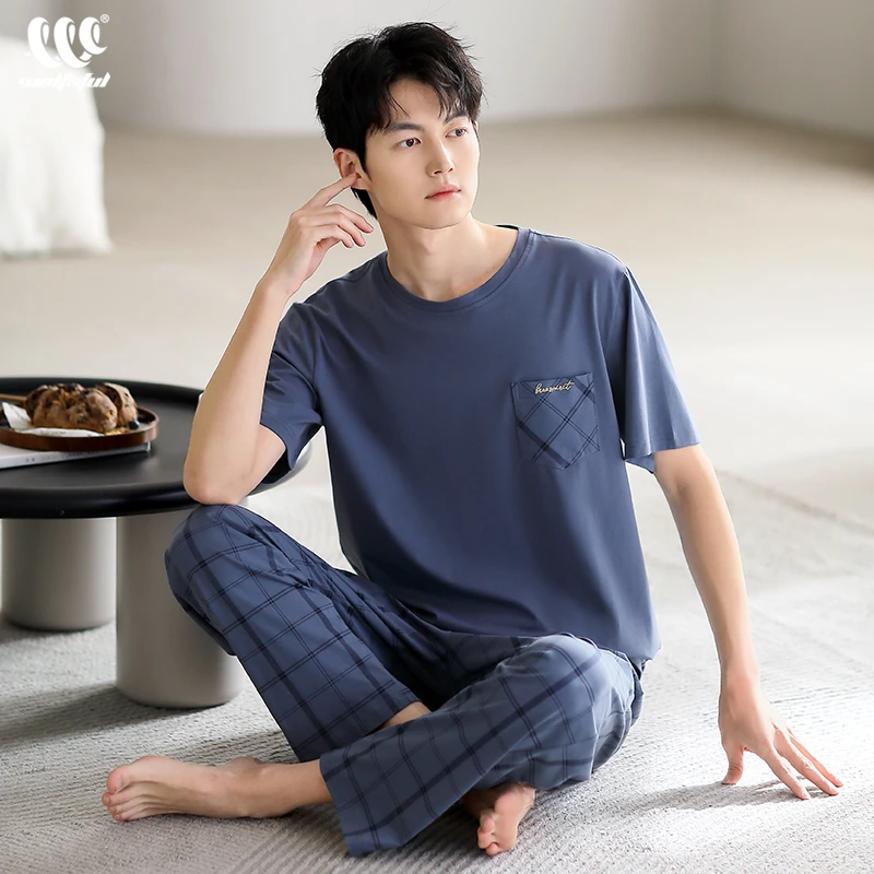 男士睡衣夏季纯棉短袖长裤家居服男款春秋薄款宽松大码可外出套装