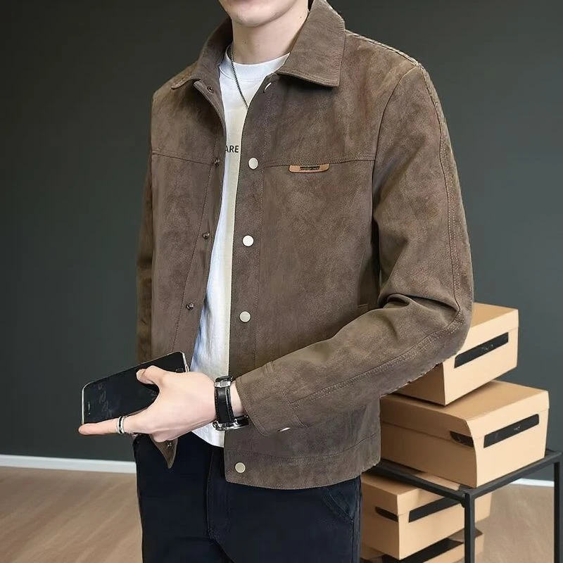 春季麂皮绒拼接翻领夹克男韩版简约休闲工装外套青年上衣男士长袖