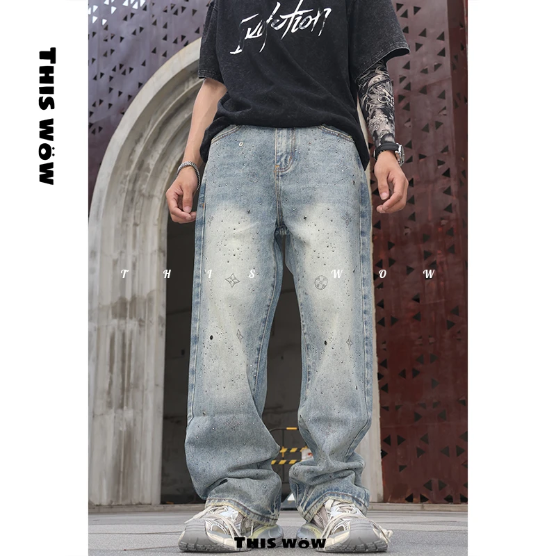 THIS WOW满天星烫钻直筒牛仔裤美式中腰水洗休闲牛仔裤明星同款