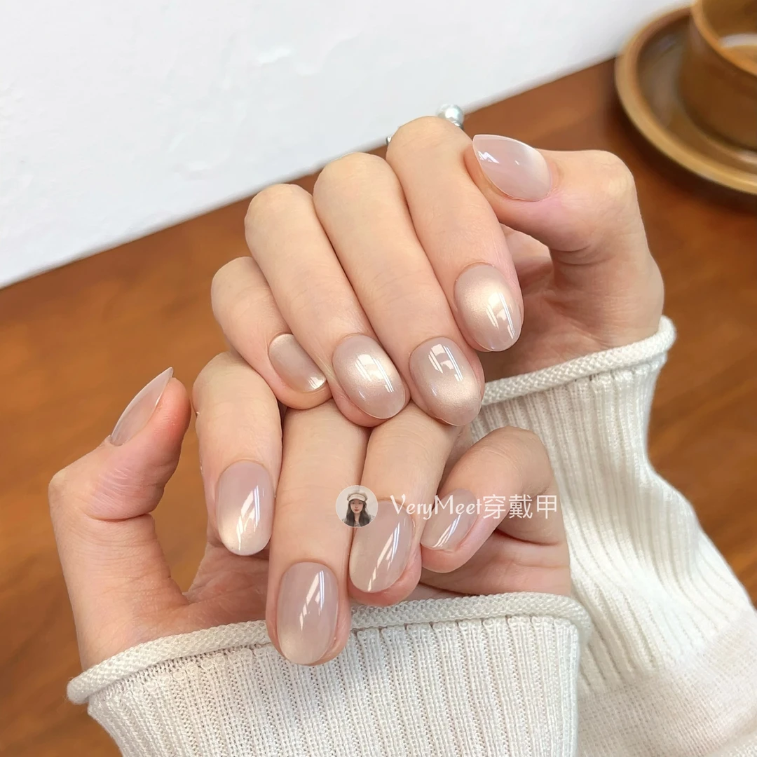 VERY MEET高级感温柔裸灰玻璃珠猫眼纯色气质淑女显白美甲贴33