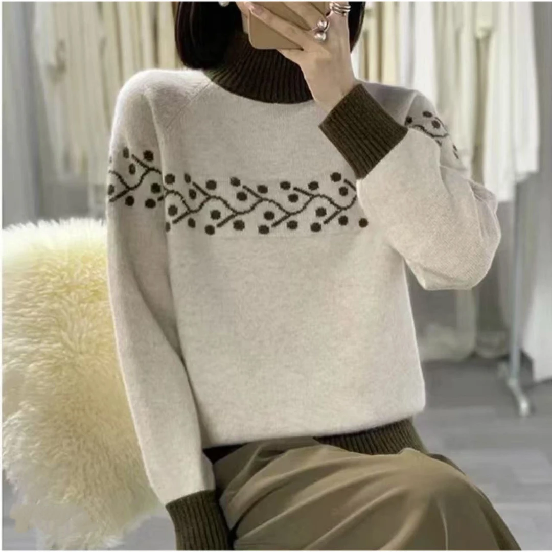 秋冬新款时尚洋气宽松百搭半高领加厚款拼色针织衫毛衣