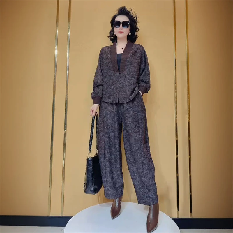 高端2025春季复古时尚短款外套上衣哈伦阔腿裤休闲大码两件套装女