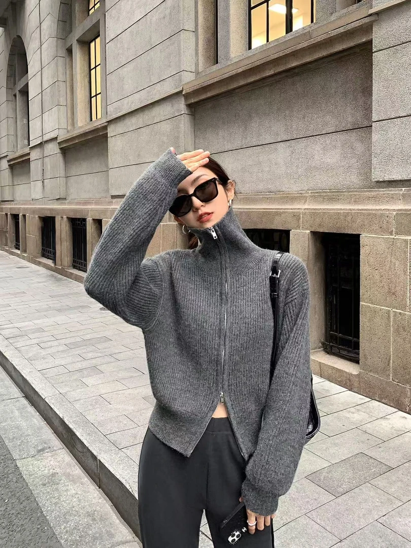 胸114-160长65毛针织衫双头拉链开衫百搭休闲长袖立领 7801