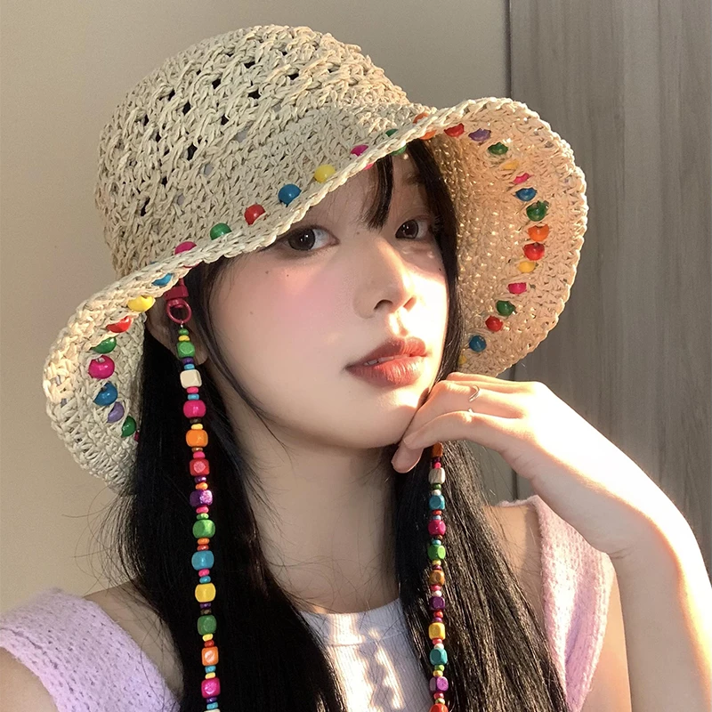 Miss Silas简约百搭夏季遮阳泫雅风彩色木珠草帽女可折叠渔夫帽女