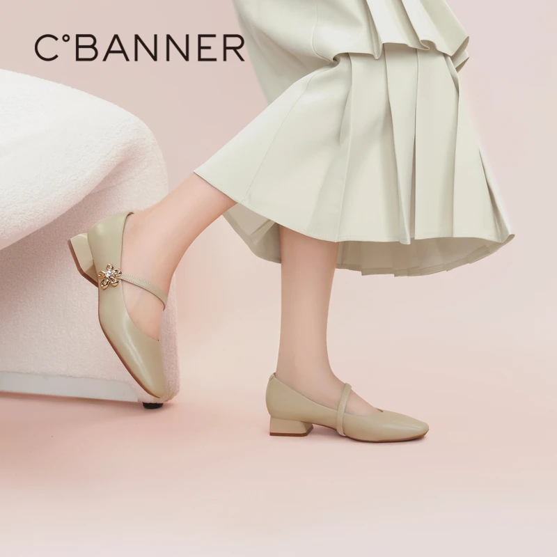 千百度2023真皮粗跟软底玛丽珍法式半熟芝士玛丽珍A23161905