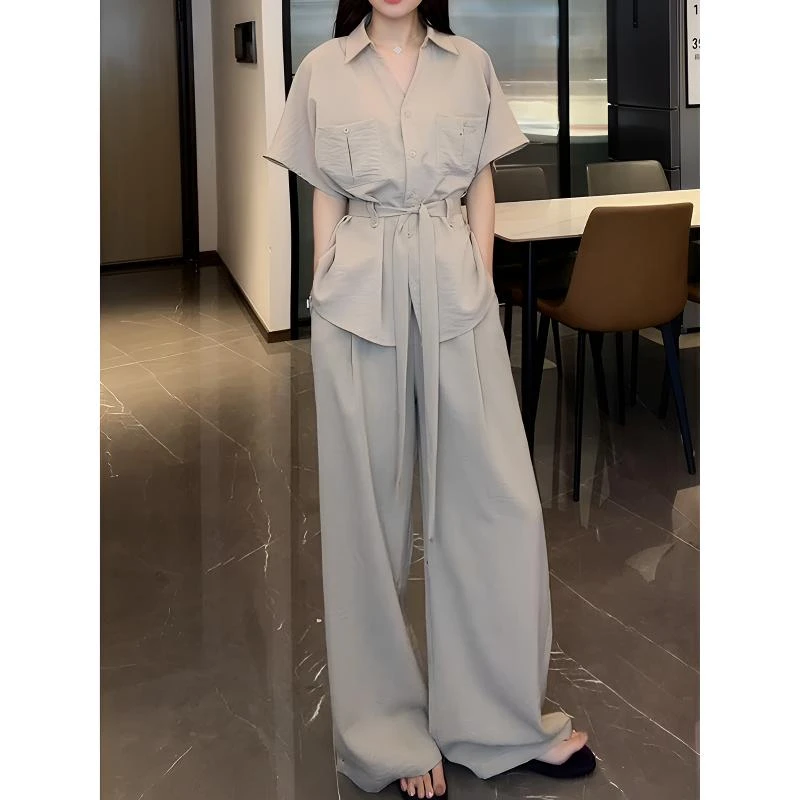 气质绑带收腰显瘦衬衫长裤套装女2025夏季新款轻熟风短袖上衣裤子