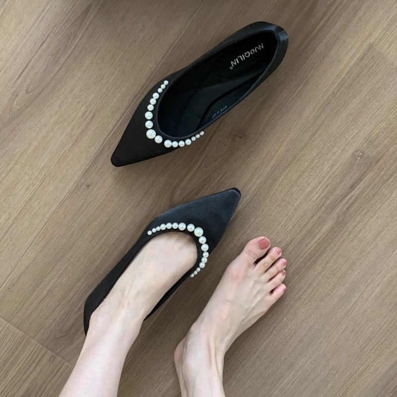 法式小香风尖头珍珠低跟鞋女2025新款通勤百搭舒适软底单鞋女鞋子