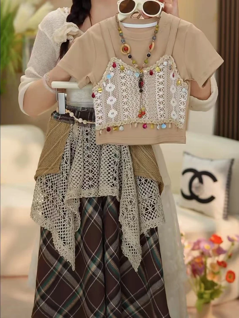 【木子】时尚女童2025春夏季新款百搭短袖拼接格子长裙套装潮R053