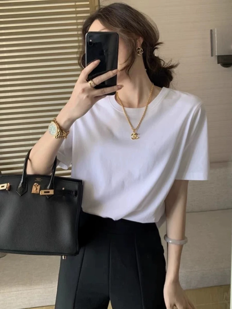 主播推荐短袖716夏季时尚百搭纯色简约圆领短袖T恤女款显瘦125