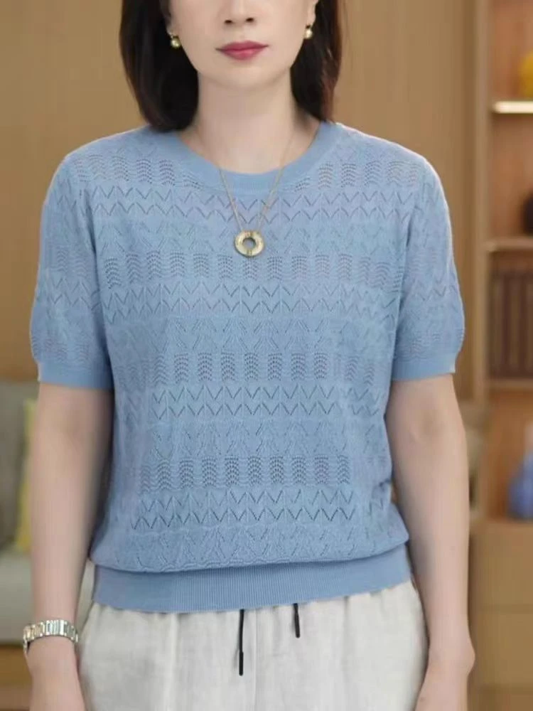 甄选超细精纺羊毛镂空针织女T恤夏季百搭时尚薄款半袖 女轻奢短袖