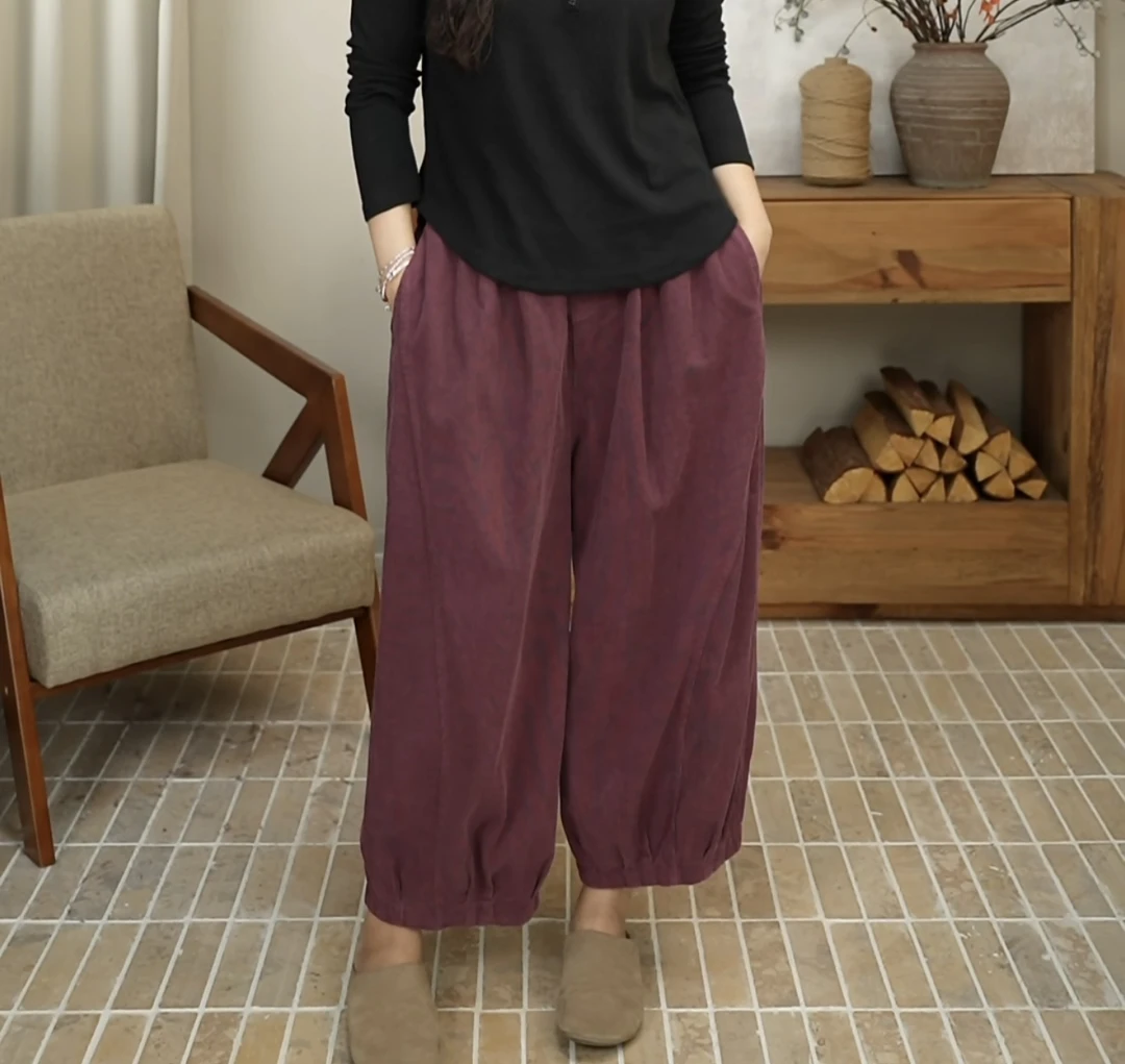 九月JIUYUE秋冬新款休闲灯芯绒阔腿灯笼裤复古宽松九分裤女 307