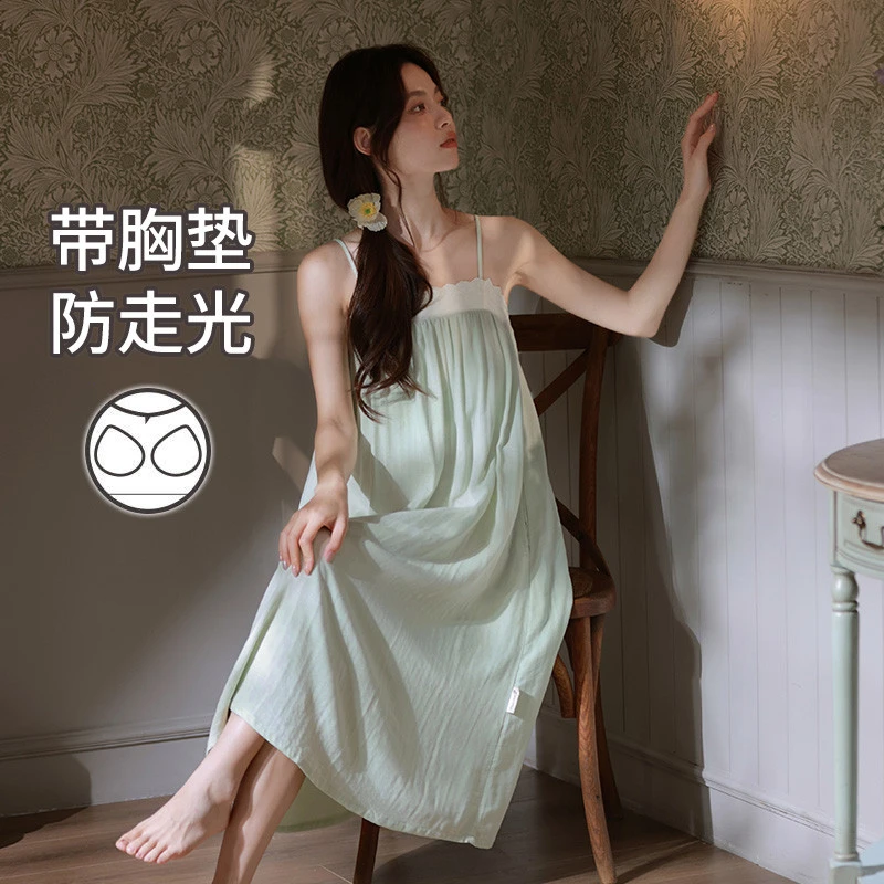 维多利亚吊带睡裙女夏季全棉纱布带胸垫睡衣长版甜美小清新洋装