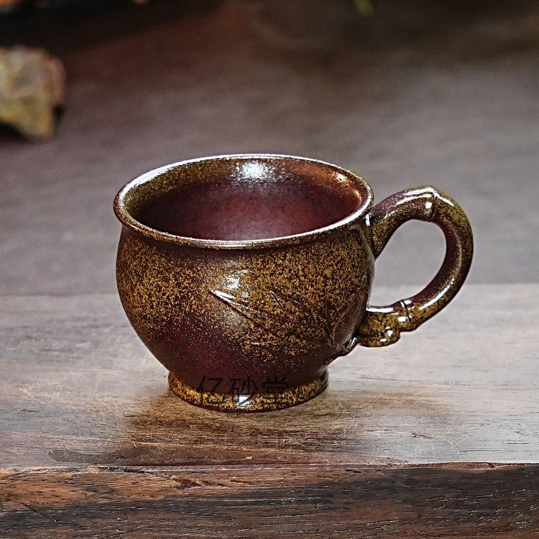 【2728竹节把杯】宜兴原矿紫砂柴烧手工制作仿生竹节把杯 主人杯