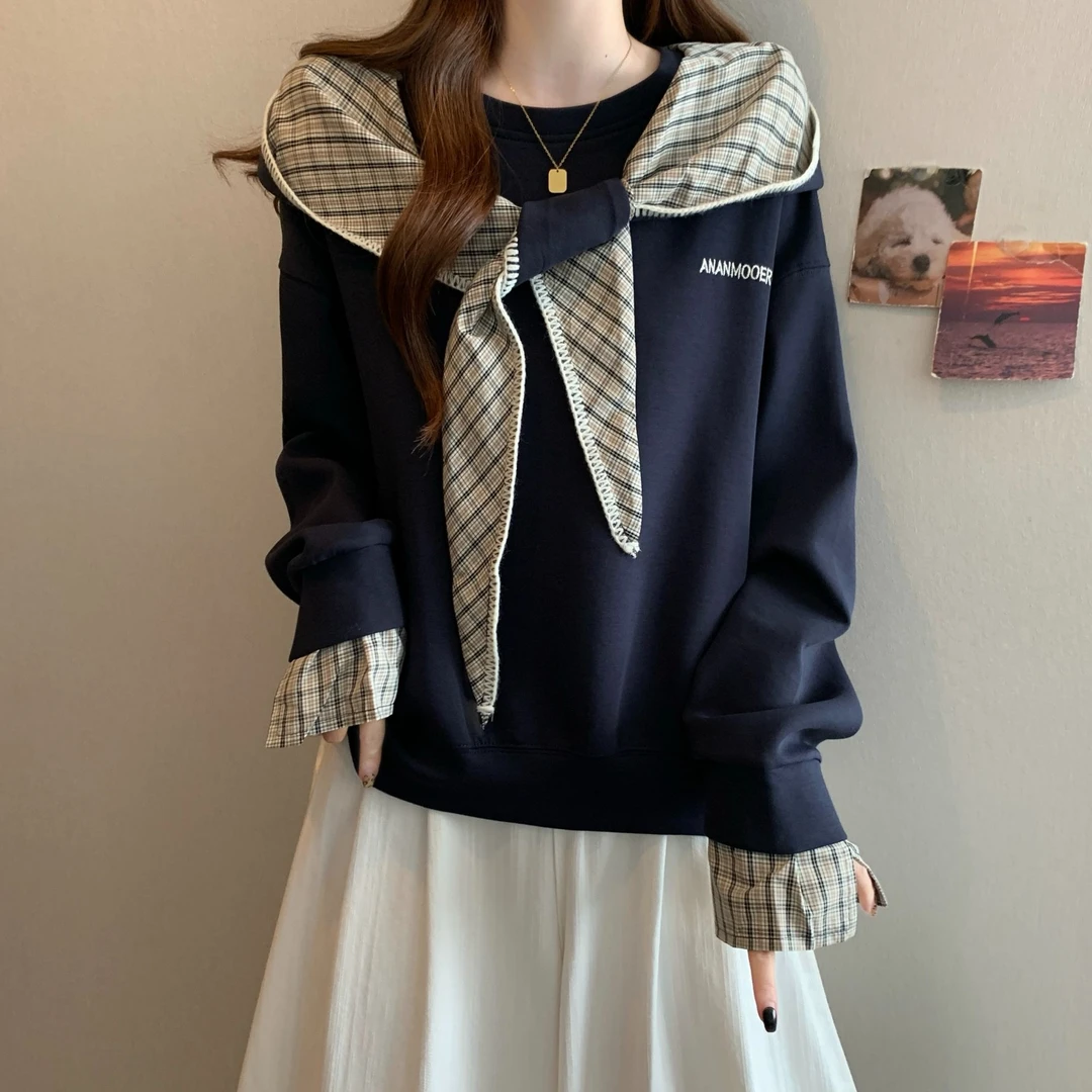 大码格子拼接连帽刺绣卫衣女春秋微胖MM宽松显瘦百搭洋气系带上衣