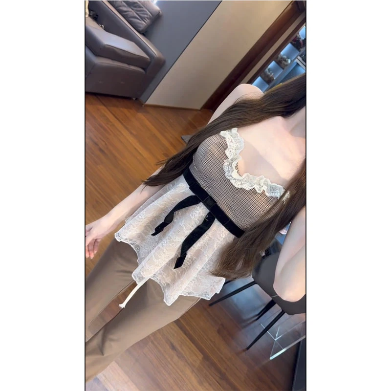 法式时尚气质设计感蕾丝拼接格子吊带背心女百搭宽松休闲裤套装潮