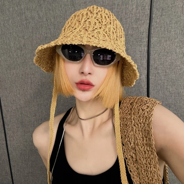小北时尚百搭镂空编织复古遮脸盆帽