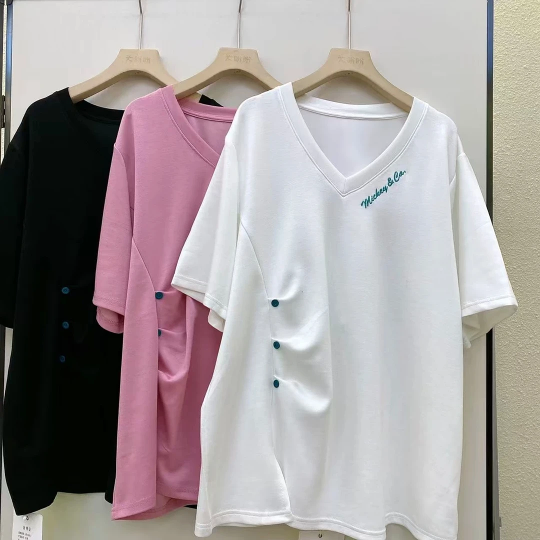 圆领常规款女性短袖V领甜美风简约风青春不对称大码T恤纯色2606