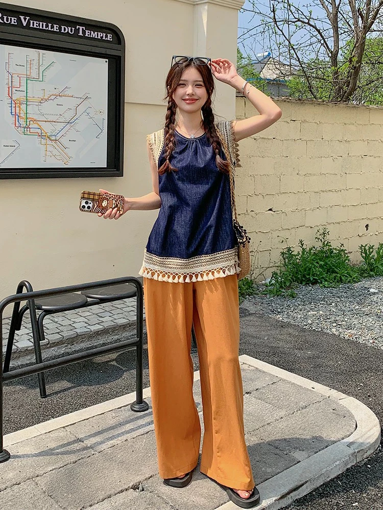 088【不退换】夏季新款无袖T恤波西米亚风上衣背心坎肩圆领牛仔花边