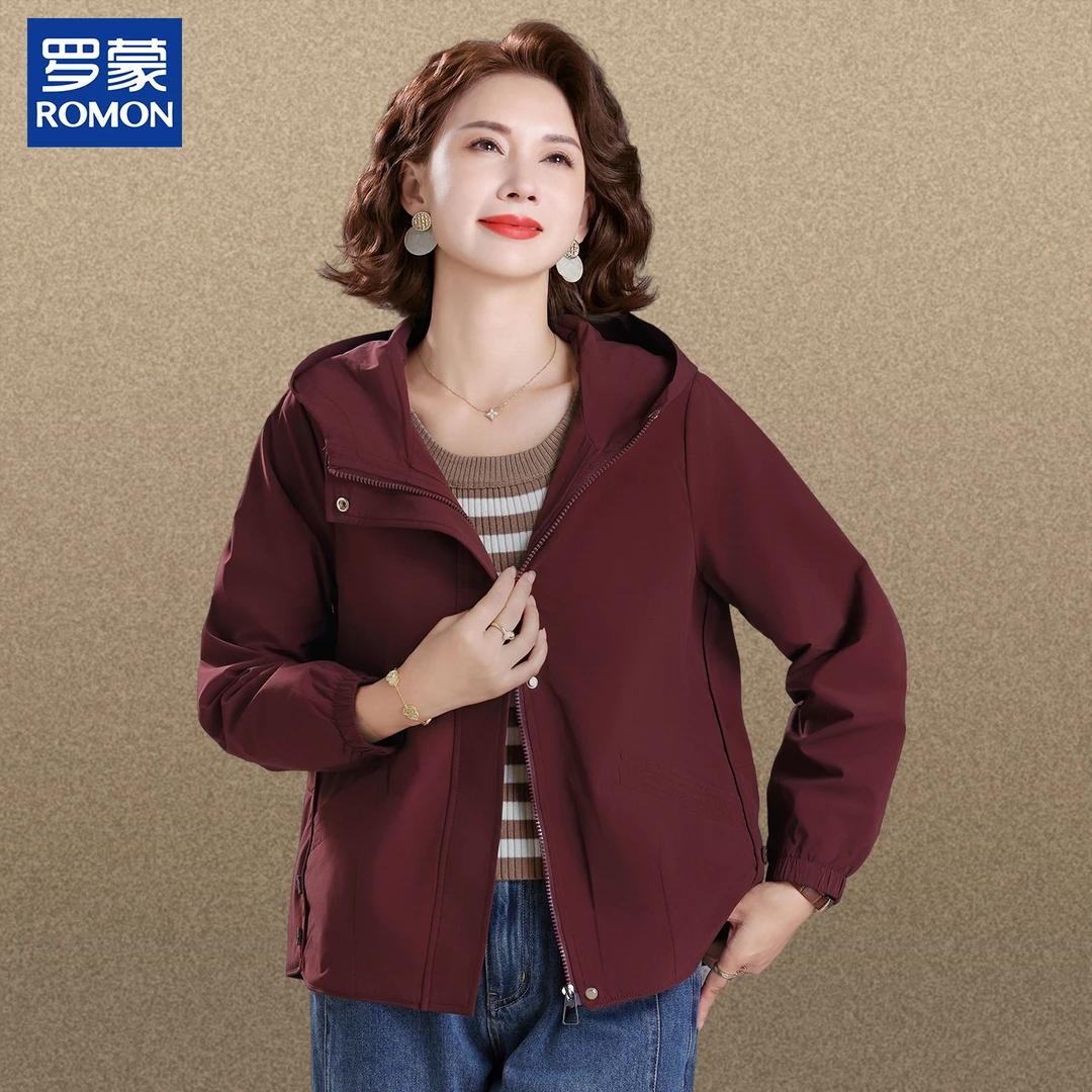 罗蒙时尚妈妈秋装外套连帽夹克新款秋季气质纯色中老年女减龄风衣