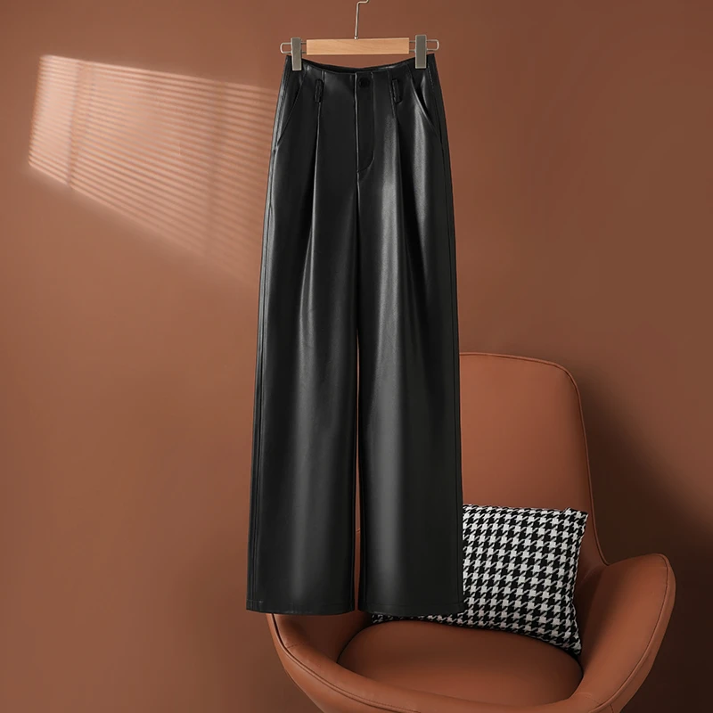 【程程】海宁真皮皮裤女长裤秋冬新款加绒百搭时尚高腰阔腿裤垂感裤