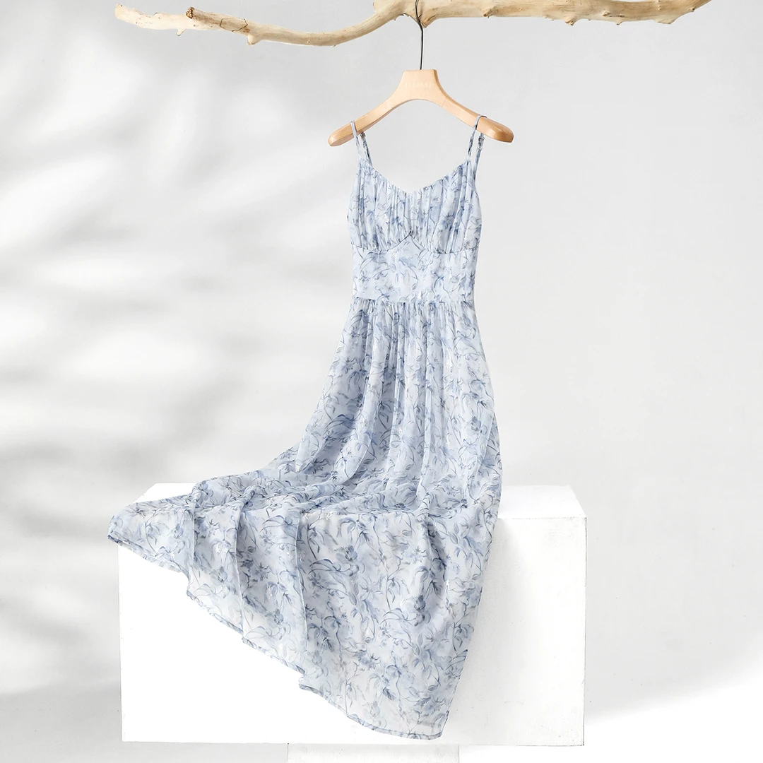 IHIMI/海谧2025夏季新款女装时尚气质裙子吊带印花显瘦连衣裙8129