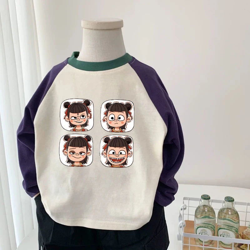 潮牌童装100%纯棉儿童哪吒长袖T恤男女童上衣宝宝卡通春秋打底衫