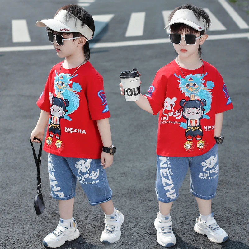 哪吒衣服男童夏季套装2025新款潮酷宝宝帅气男孩牛仔短裤短袖夏装