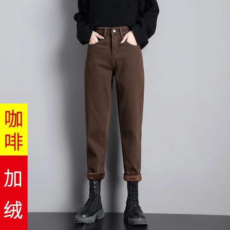 气质通勤高腰九分哈伦牛仔裤女秋冬加绒小个子宽松显瘦老爹萝卜裤