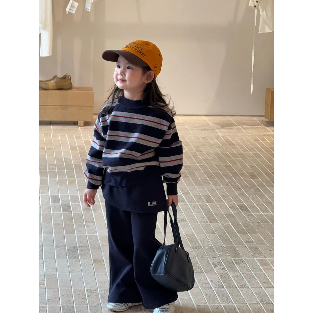 Bmy2025at 女童秋季新款韩版条纹时尚毛衣洋气P帘喇叭裤套装