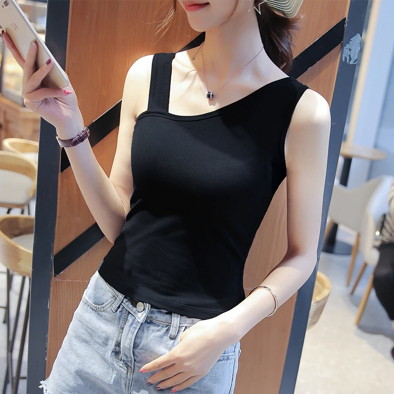 黑色吊带背心女春夏新款百搭斜肩无袖美背设计感小众修身内搭上衣
