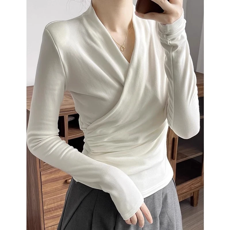 德绒长袖T恤女秋冬季2025新款V领交叉法式掐腰上衣修身打底衫内搭
