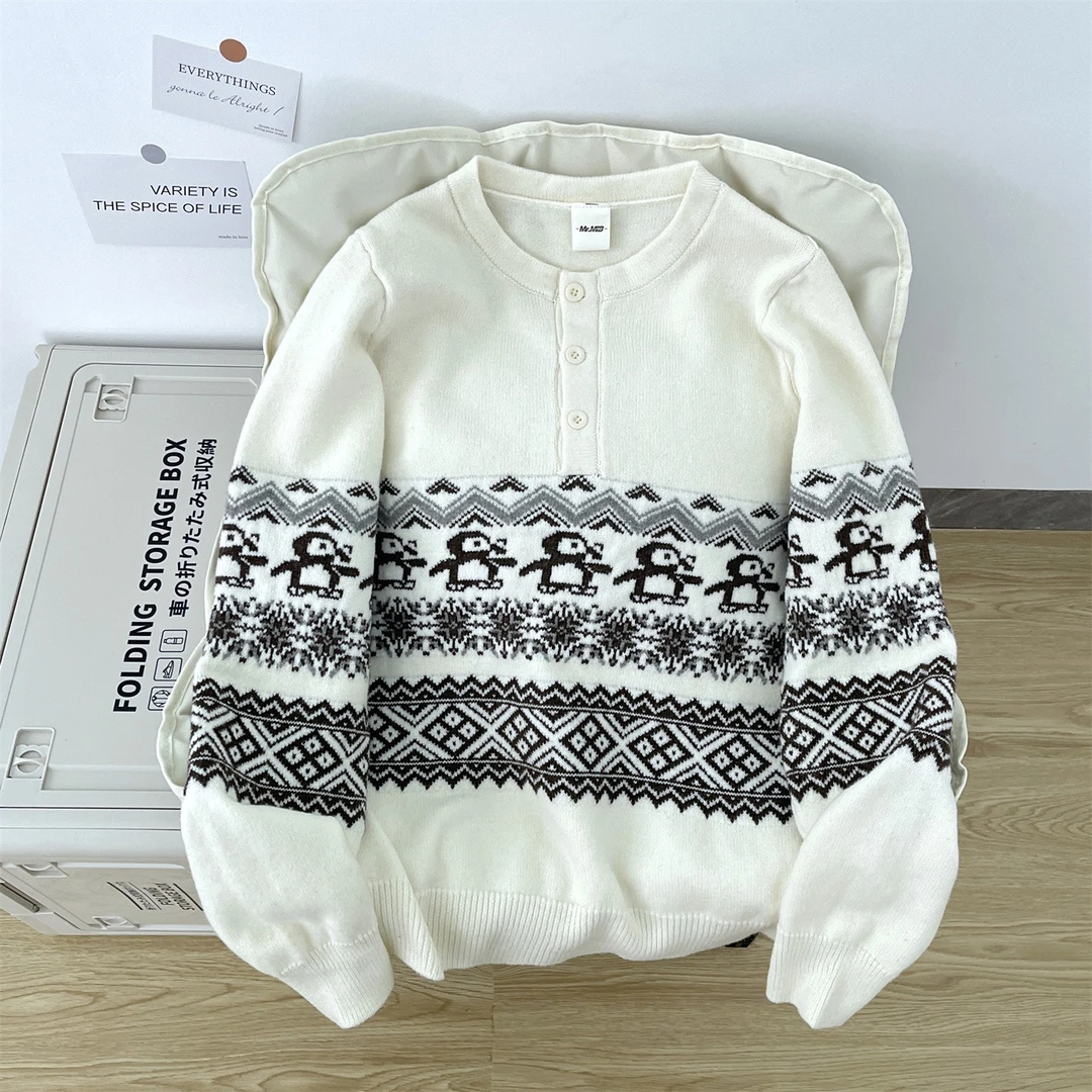 企鹅费尔岛亨利领毛衣男秋冬美式民族风套头时尚针织衫百搭上衣