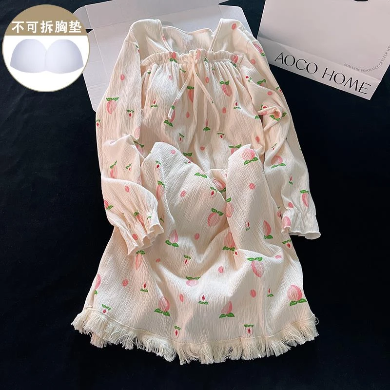 维多利亚日系ins水蜜桃网红长袖睡衣睡裙女春秋季可爱带胸垫洋装