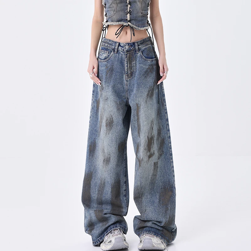 KEN STUDIO秋冬加绒美式复古泼墨做旧设计牛仔裤女直筒阔腿拖地裤