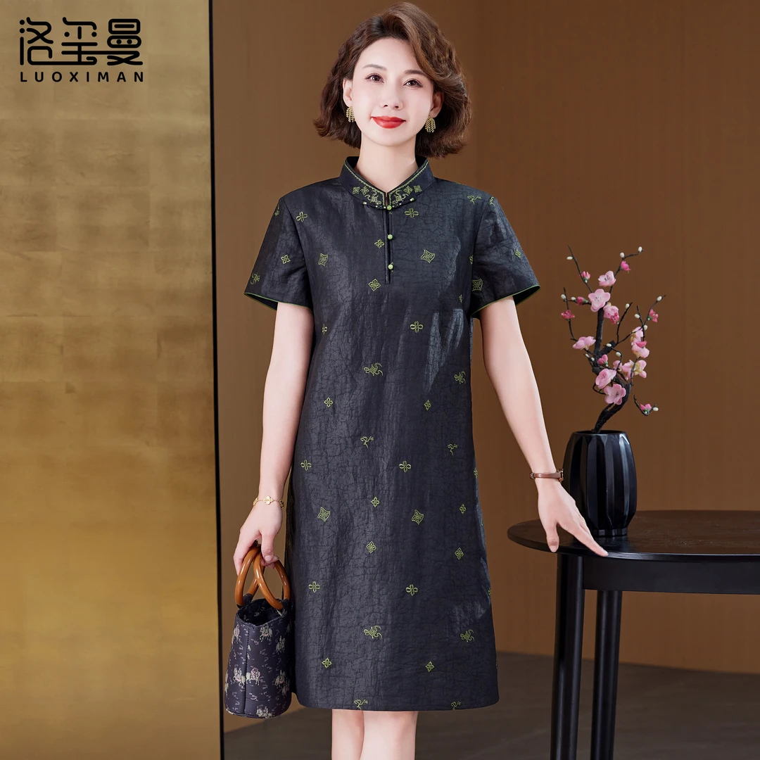 洛玺曼妈妈真丝连衣裙女小个子高端气质刺绣新中式香云纱裙子夏季