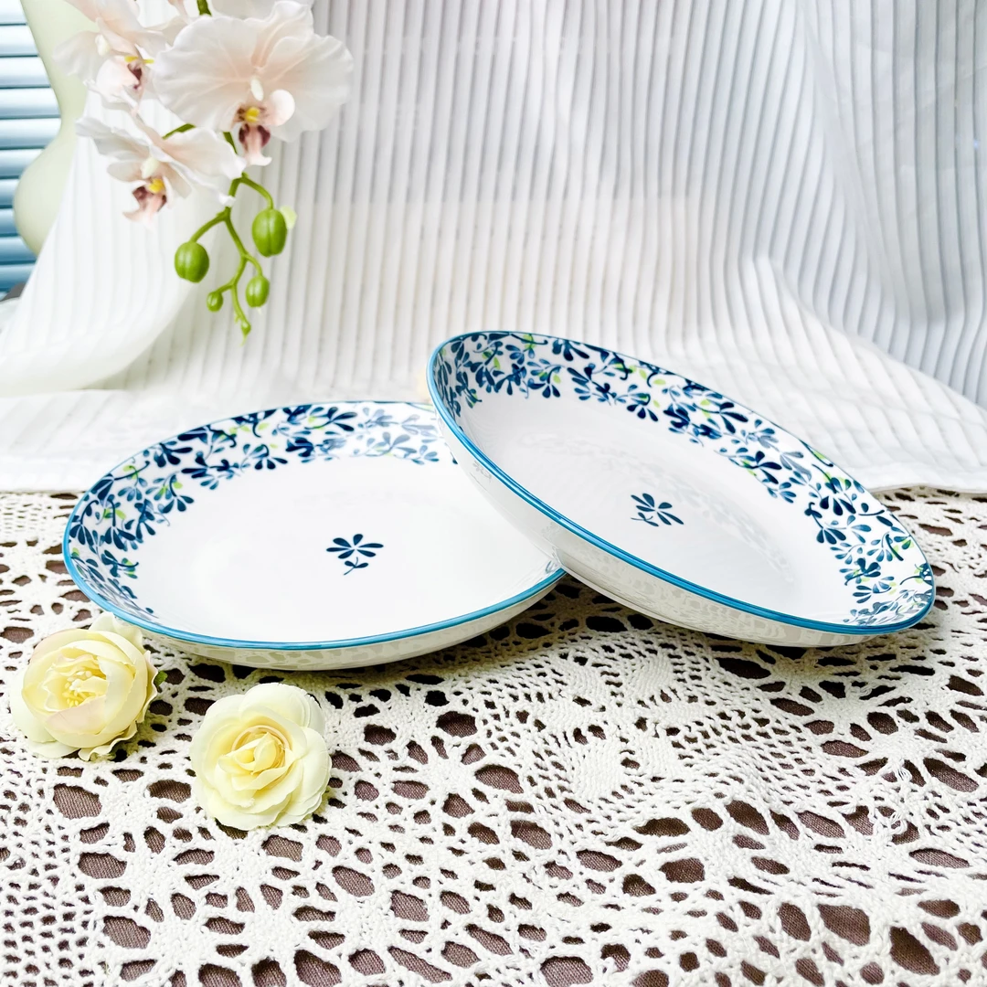 【釉下彩】冬青8英寸深盘碟子菜盘子餐具蒸鱼创意陶瓷餐盘家用2个装