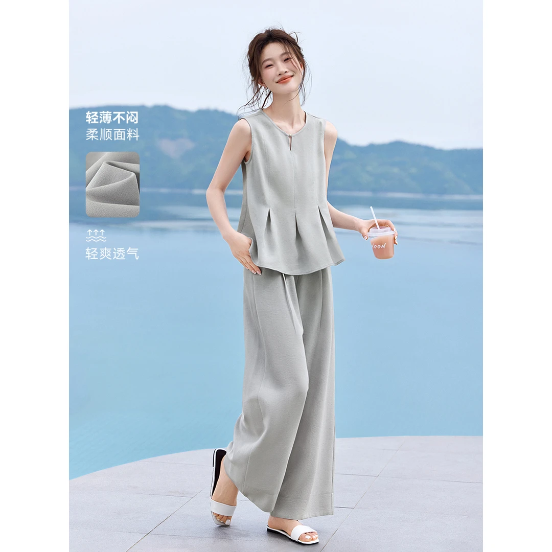 沫晗依美2025夏款通勤松弛感无袖压褶小衫+阔腿裤两件套套装1C001
