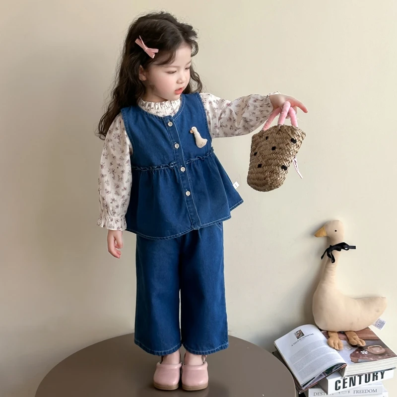 女童碎花牛仔套装2025新款儿童春秋装韩版洋气女宝春季时髦三件套