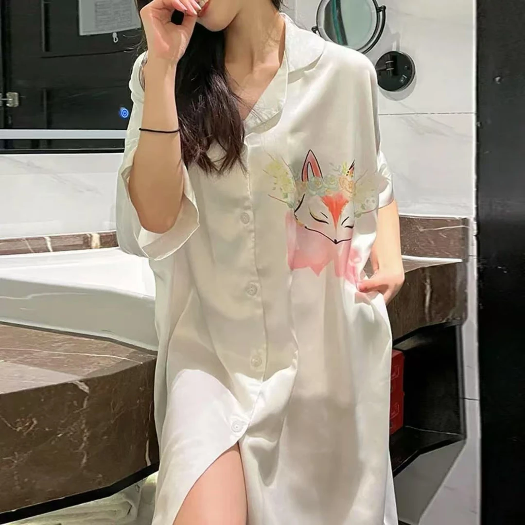 琦欣家夏季凉感衬衫睡裙时尚狐狸精宽松性感舒适家居服