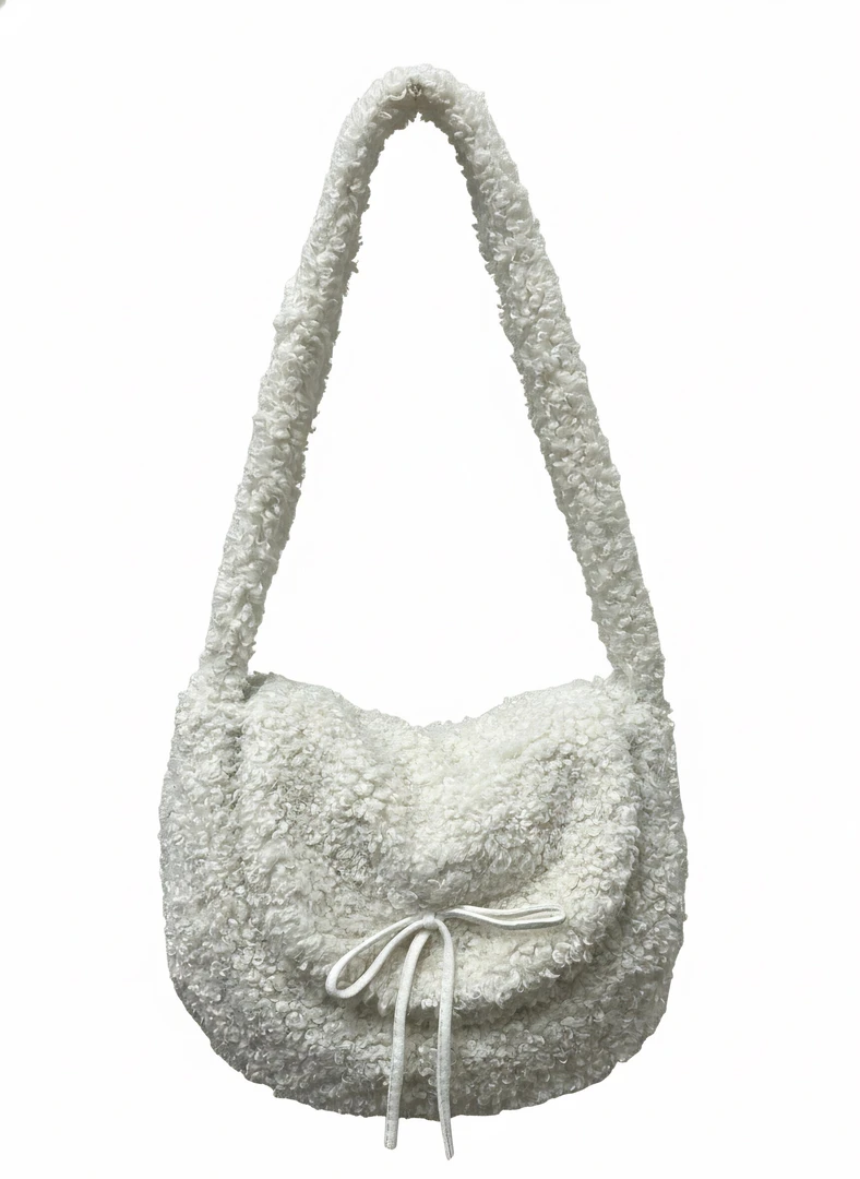 简约风手提款单根甜美风单肩包女士布包腋下编织包毛毛包