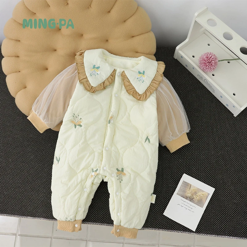 婴童秋冬装婴儿衣服秋季韩版女宝宝花边领连体衣加绒绗棉爬服