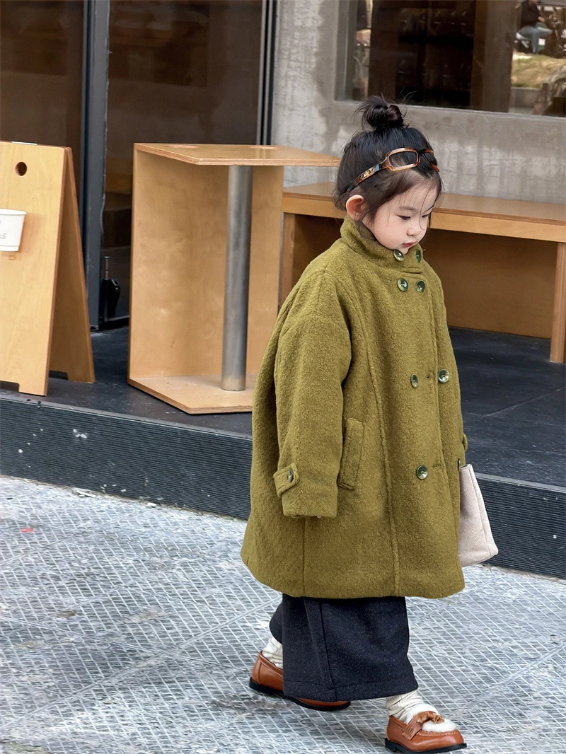 2025冬季新品韩版童装女童中长款夹棉呢子大衣宝宝呢子外套套装