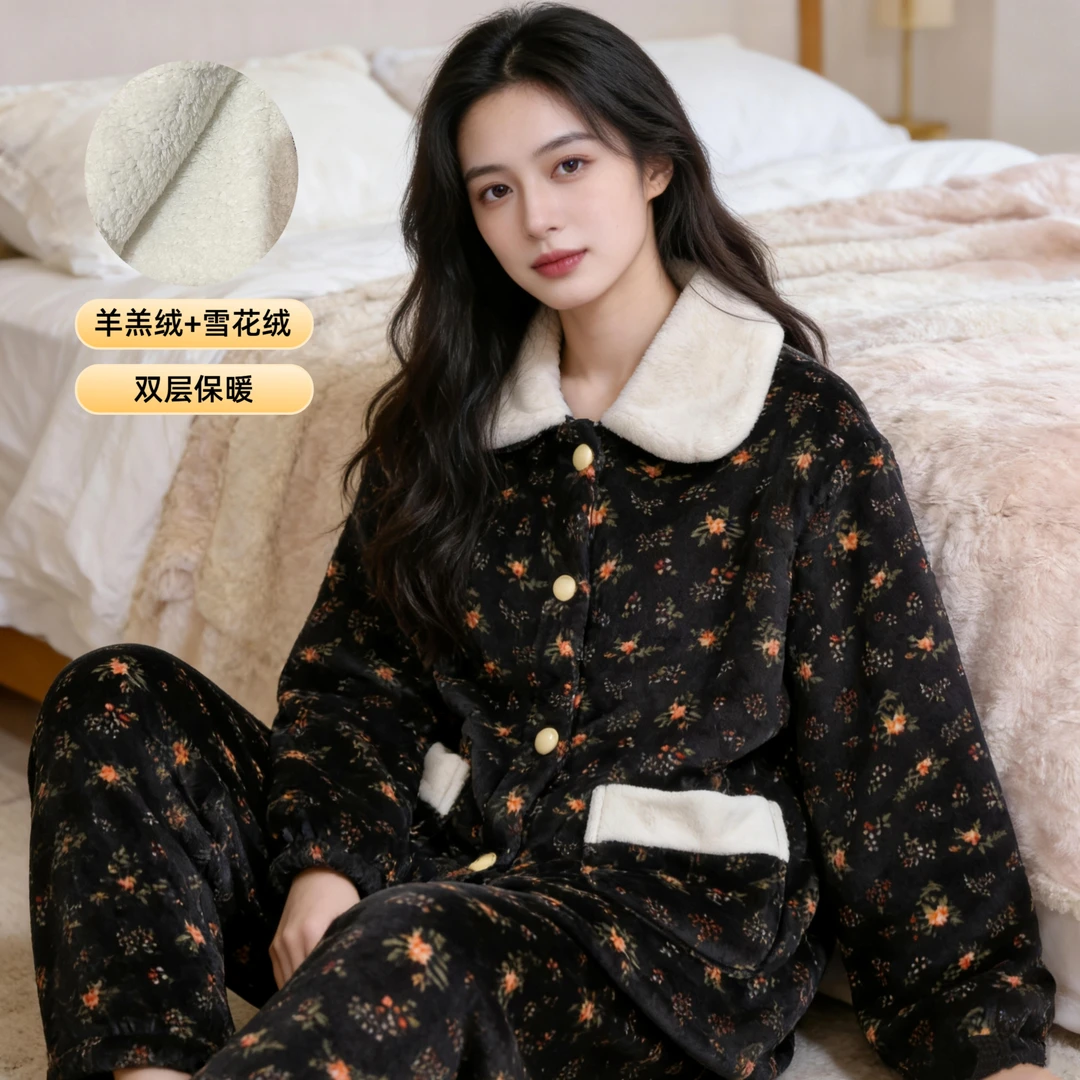【羊羔绒+牛奶绒】双层冬季睡衣女保暖加绒可外穿家居服加厚套装