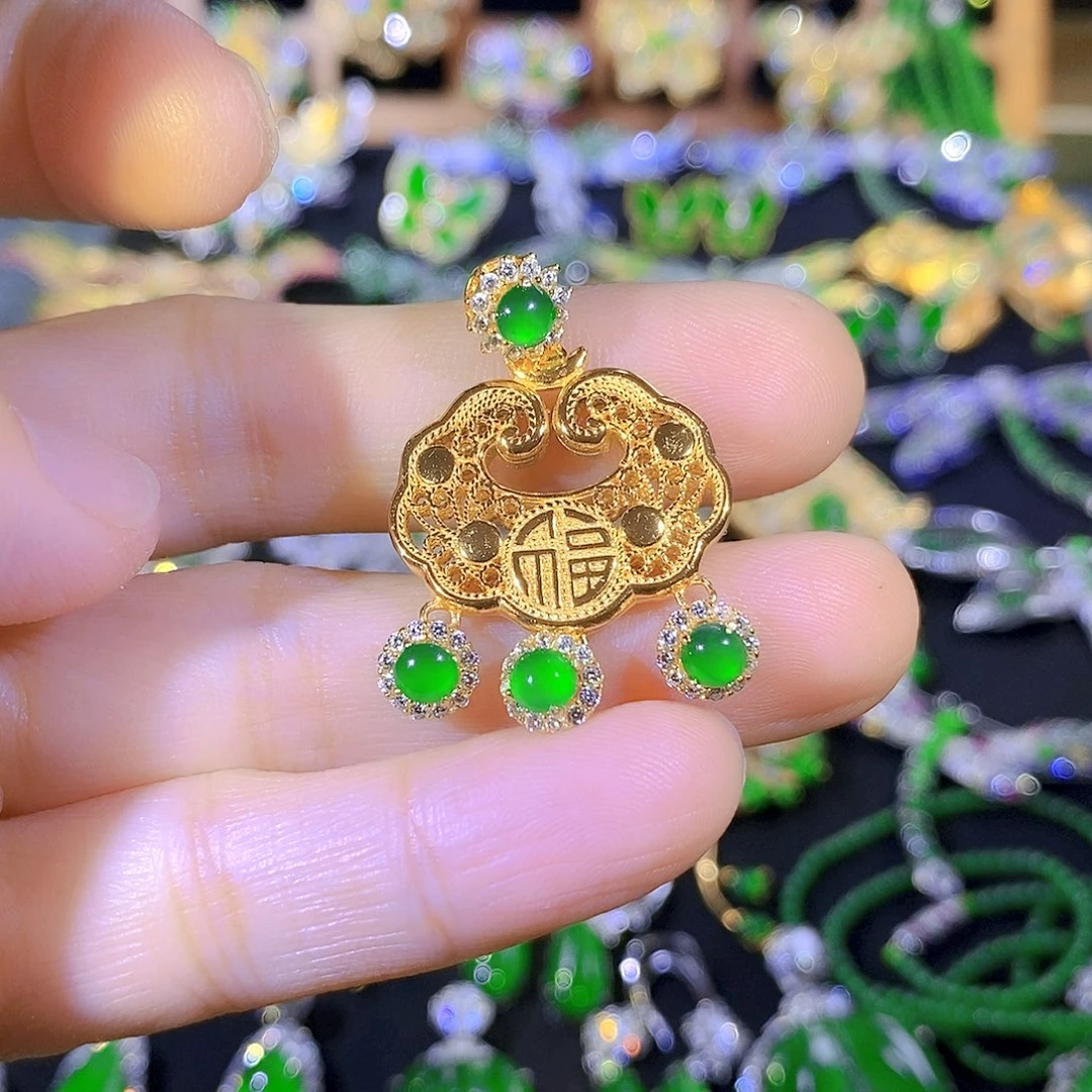 吊坠(不含链)银S925镶嵌翡翠