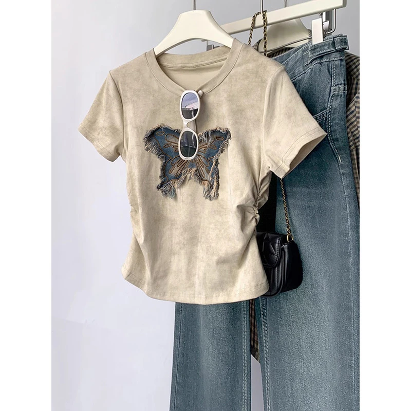 微胖女装夏季扎染正肩短袖t恤女2025新款爆款蝴蝶设计洋气衣服女