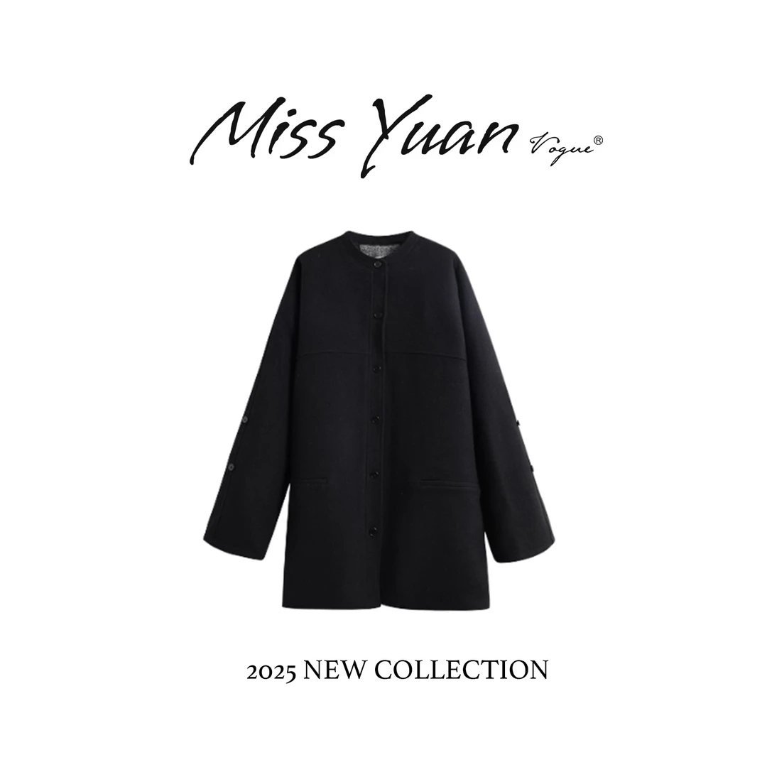 M.Y媛总 新款圆领长袖纯色有口袋单排扣中长款女士外套VE0181